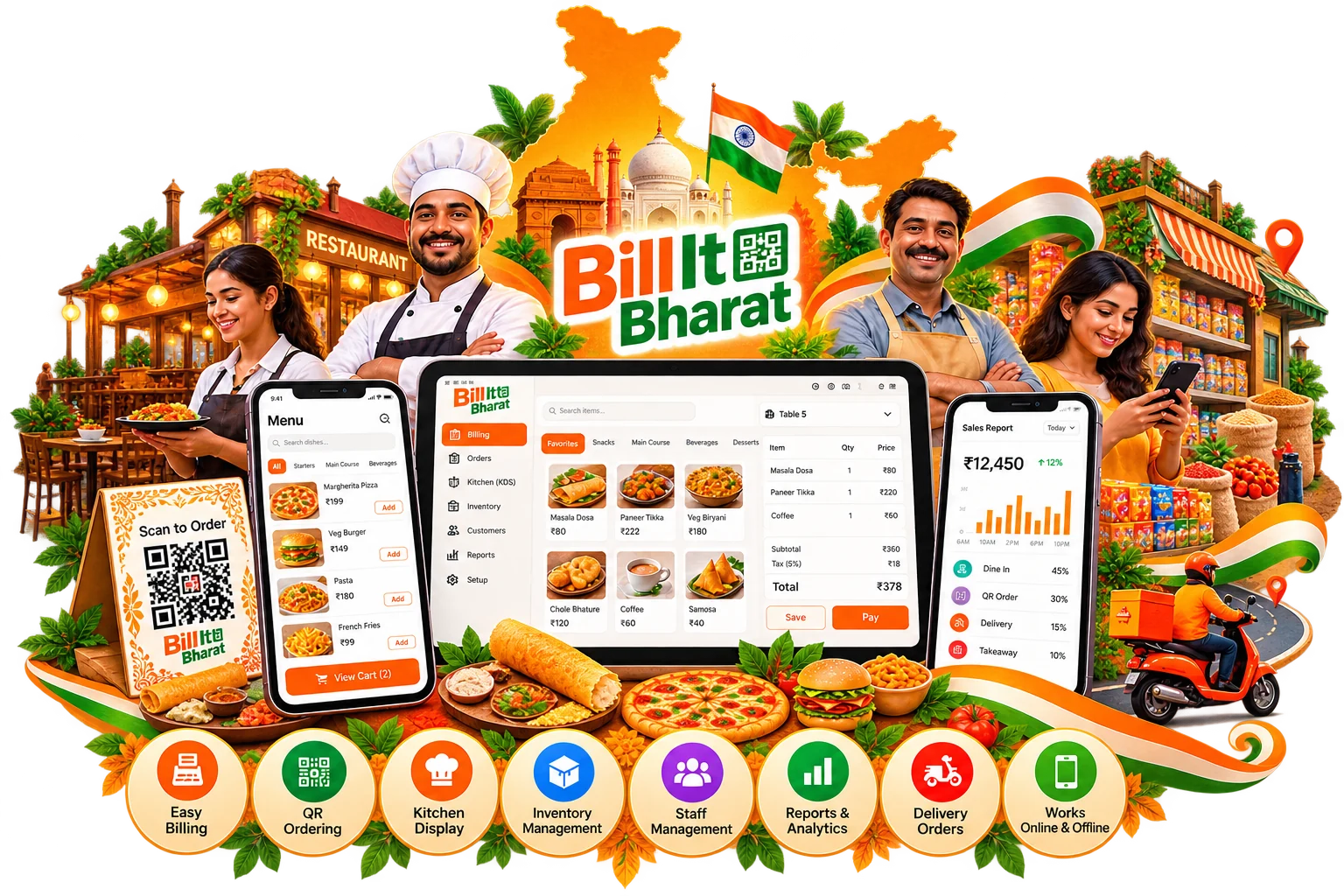 Illustrated Bill It Bharat showcase of Indian retail, restaurant and delivery businesses with billing, QR ordering, kitchen display, inventory, staff and reporting screens