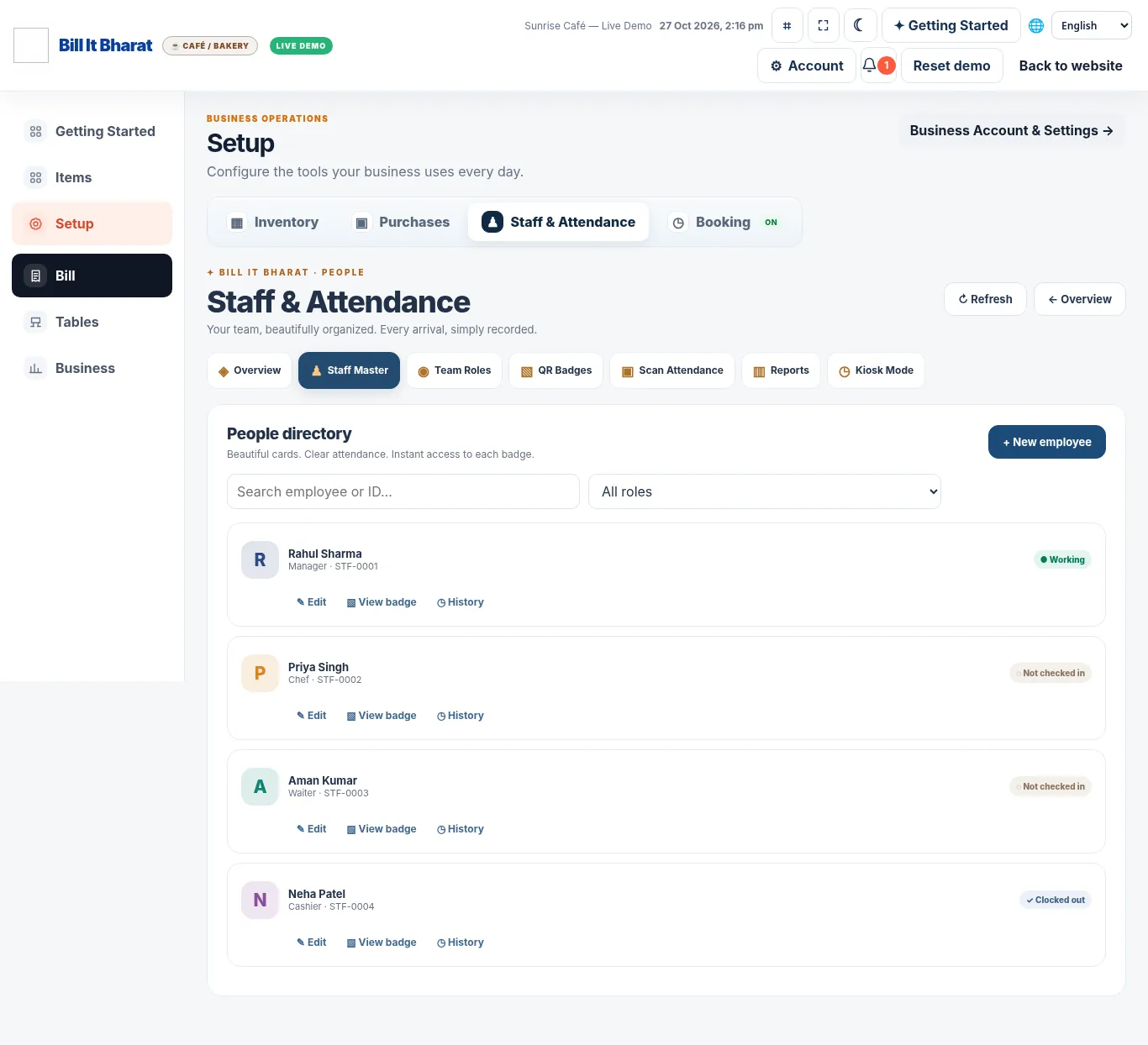 Bill It Bharat staff attendance management interface in the product demo