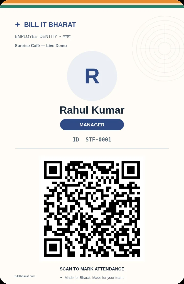 Actual sample employee QR badge design.