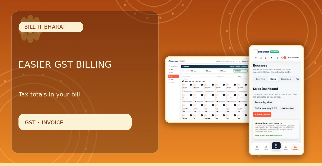 GST Billing Basics: branded visual composed from an actual app screenshot