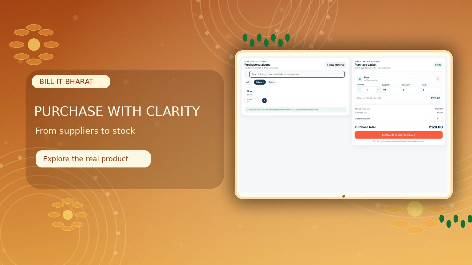 Purchasing that feels as clear as billing — Choose a supplier, add items to a basket and review editable purchase totals before recording stock.