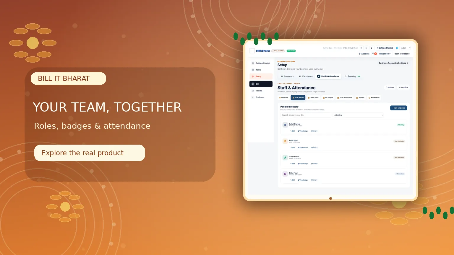 Give every team member a place — Maintain employee records, assign roles and issue printable attendance badges.